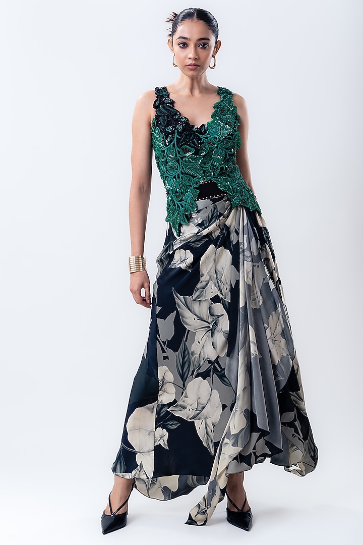 Black Crepe & Satin Printed A-Line Skirt Set by Nupur Kanoi at Pernia's Pop Up Shop