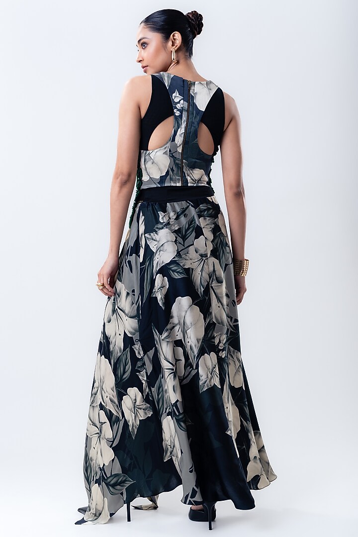 Black Crepe & Satin Printed A-Line Skirt Set by Nupur Kanoi at Pernia's Pop Up Shop