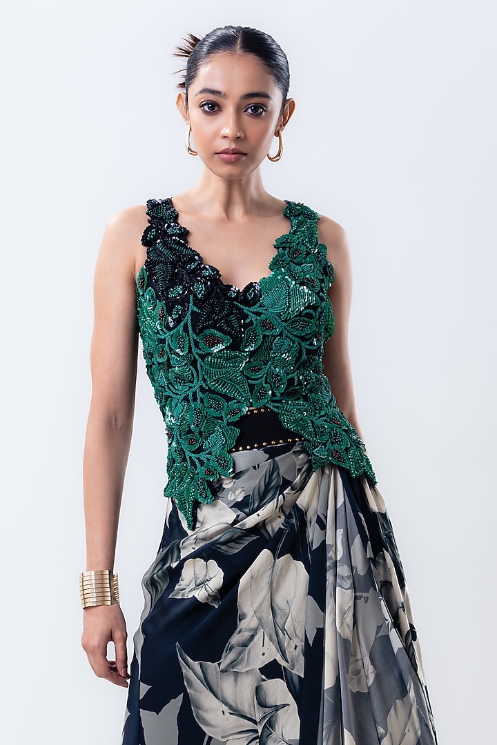 Black Crepe & Satin Printed A-Line Skirt Set by Nupur Kanoi at Pernia's Pop Up Shop