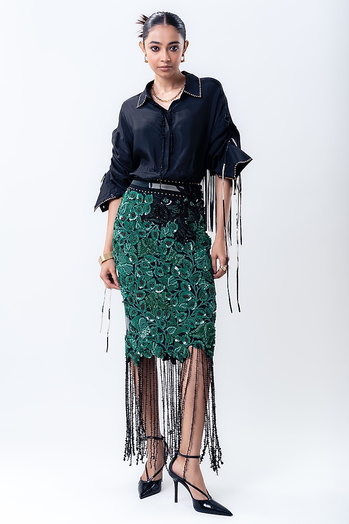Green Crepe & Lycra Embroidered Skirt Set by Nupur Kanoi at Pernia's Pop Up Shop