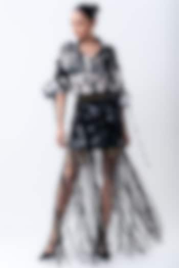 Black Crepe & Lycra Sequins Fringed Skirt Set by Nupur Kanoi at Pernia's Pop Up Shop