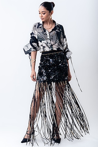 Black Crepe & Lycra Sequins Fringed Skirt Set by Nupur Kanoi
