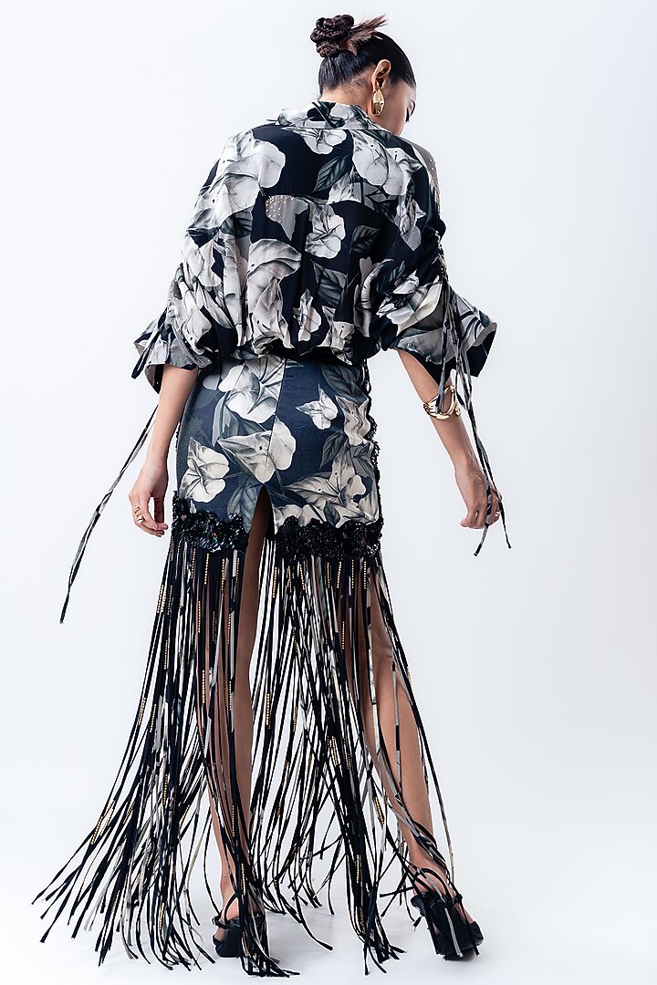 Black Crepe & Lycra Sequins Fringed Skirt Set by Nupur Kanoi at Pernia's Pop Up Shop