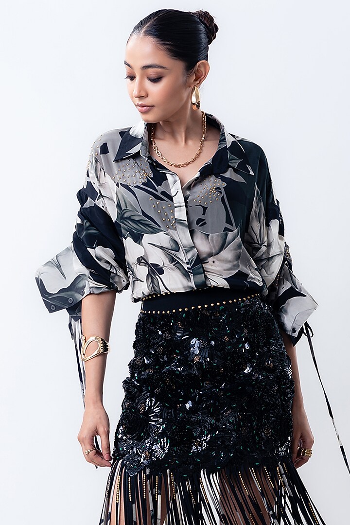 Black Crepe & Lycra Sequins Fringed Skirt Set by Nupur Kanoi at Pernia's Pop Up Shop
