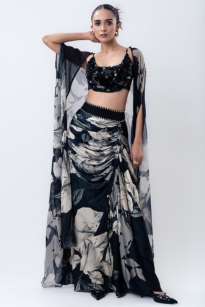 Black Chiffon & Crepe Printed Cape Set by Nupur Kanoi at Pernia's Pop Up Shop
