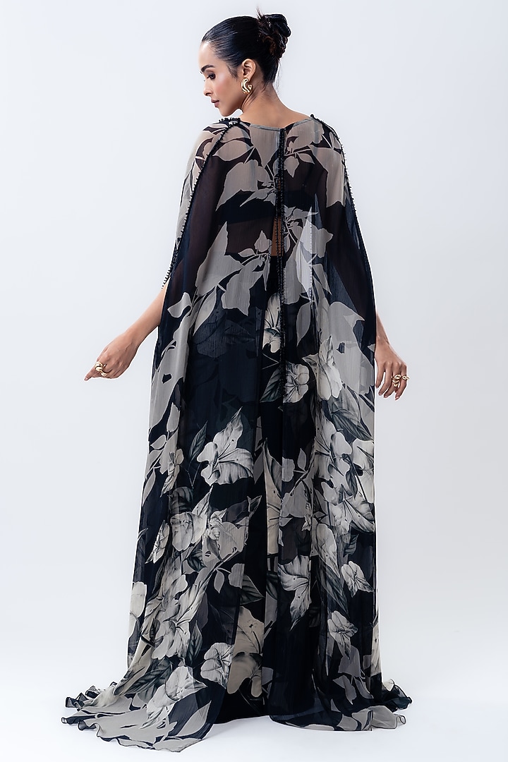 Black Chiffon & Crepe Printed Cape Set by Nupur Kanoi at Pernia's Pop Up Shop