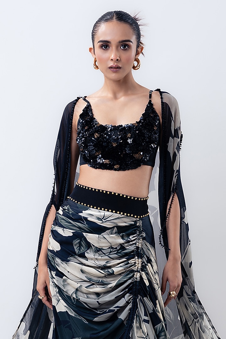 Black Chiffon & Crepe Printed Cape Set by Nupur Kanoi at Pernia's Pop Up Shop