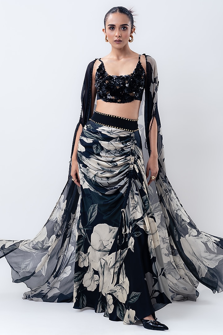 Black Chiffon & Crepe Printed Cape Set by Nupur Kanoi at Pernia's Pop Up Shop