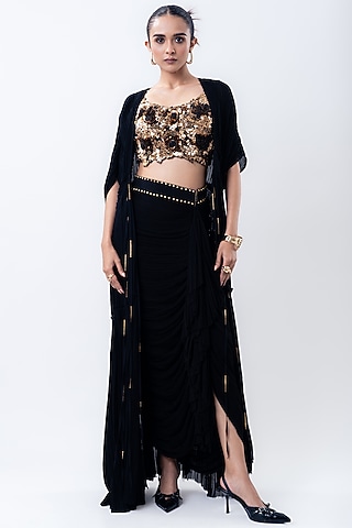 Black Chiffon & Lycra Jacket Set by Nupur Kanoi
