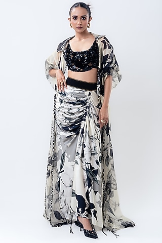 Off-White Organza & Satin Printed Jacket Set by Nupur Kanoi