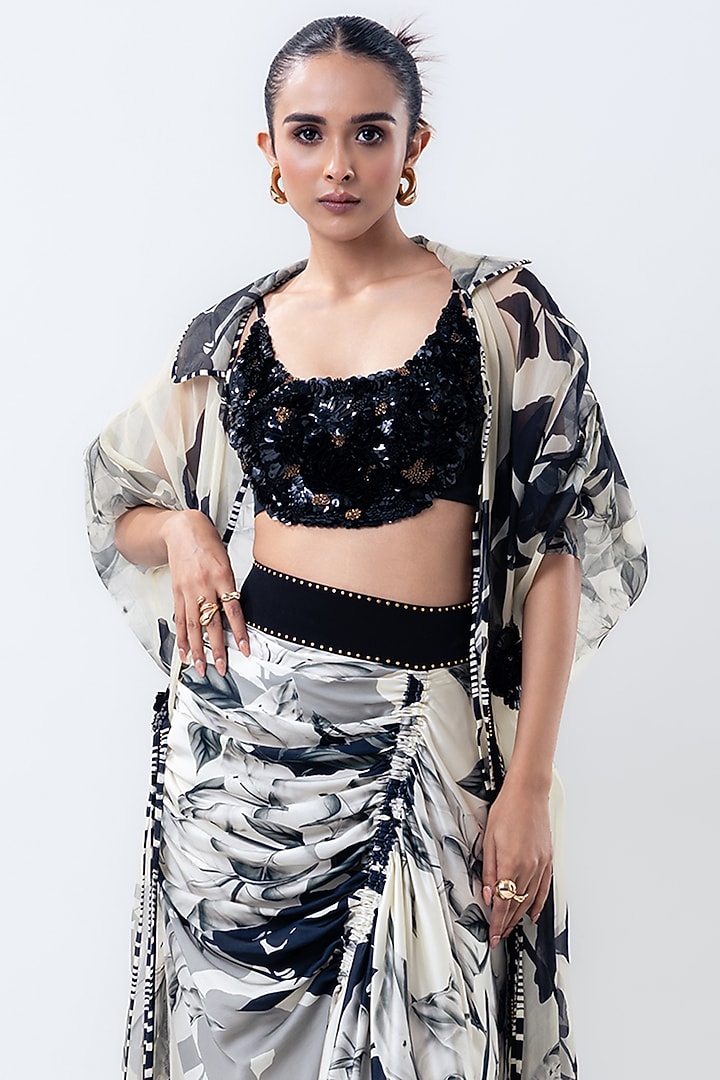 Off-White Organza & Satin Printed Jacket Set by Nupur Kanoi at Pernia's Pop Up Shop