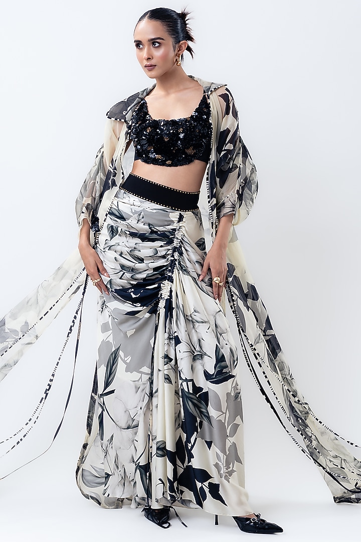 Off-White Organza & Satin Printed Jacket Set by Nupur Kanoi at Pernia's Pop Up Shop