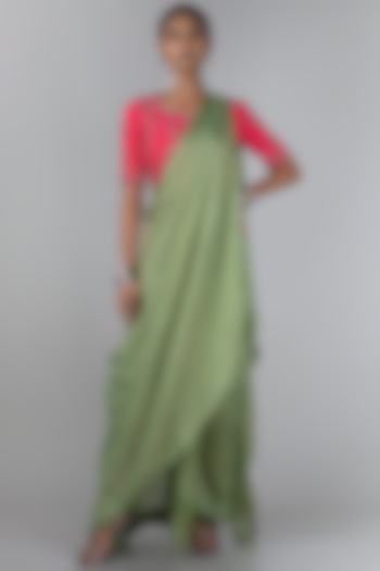 Rani Pink & Green Pre-Draped Saree Set by Nupur Kanoi