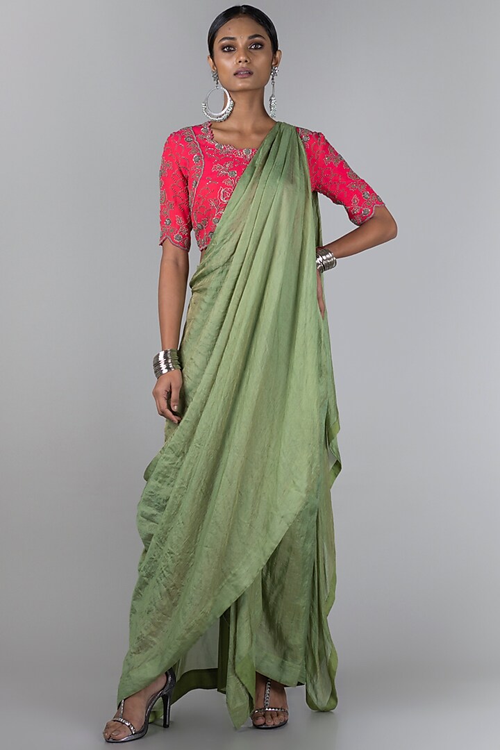 Rani Pink & Green Pre-Draped Saree Set by Nupur Kanoi
