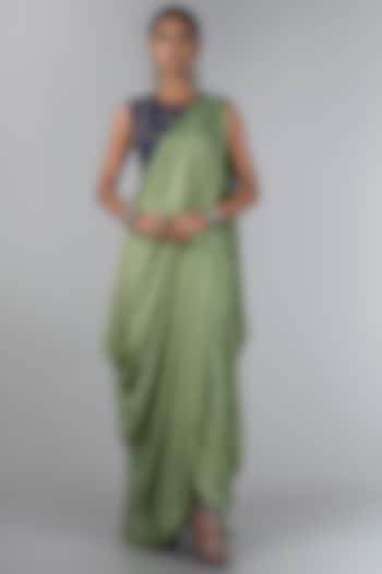 Midnight Blue & Pista Green Pre-Draped Saree Set by Nupur Kanoi