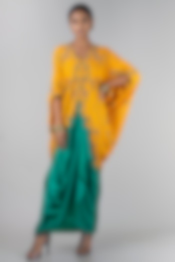 Mustard Embroidered Jacket With Skirt by Nupur Kanoi