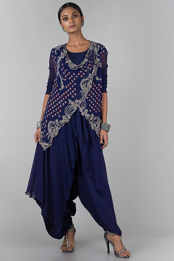 Midnight Blue Jumpsuit With Embroidered Waistcoat by Nupur Kanoi
