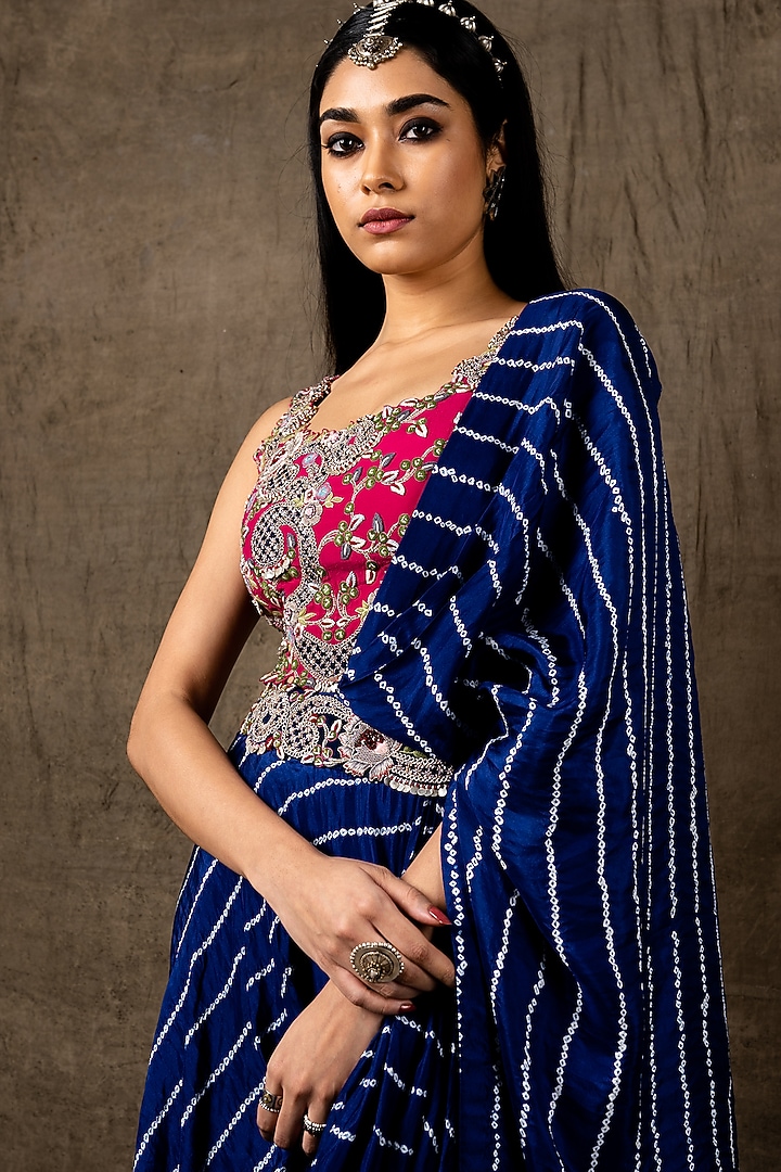 Navy Blue Printed & Embroidered Pre-Draped Reception Saree Set by Nupur Kanoi at Pernia's Pop Up Shop