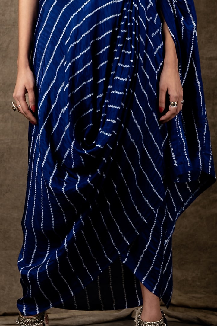 Navy Blue Printed & Embroidered Pre-Draped Reception Saree Set by Nupur Kanoi at Pernia's Pop Up Shop