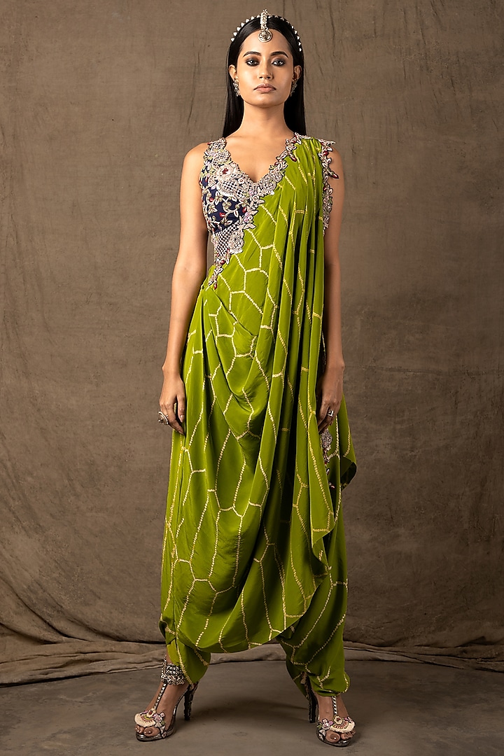 Pista Green Crepe Bandhani Printed & Zardosi Embroidered Pre-Draped Dhoti Saree Set by Nupur Kanoi