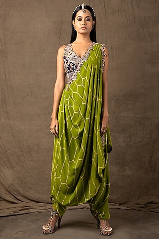 Pista Green Crepe Bandhani Printed & Zardosi Embroidered Pre-Draped Dhoti Saree Set by Nupur Kanoi