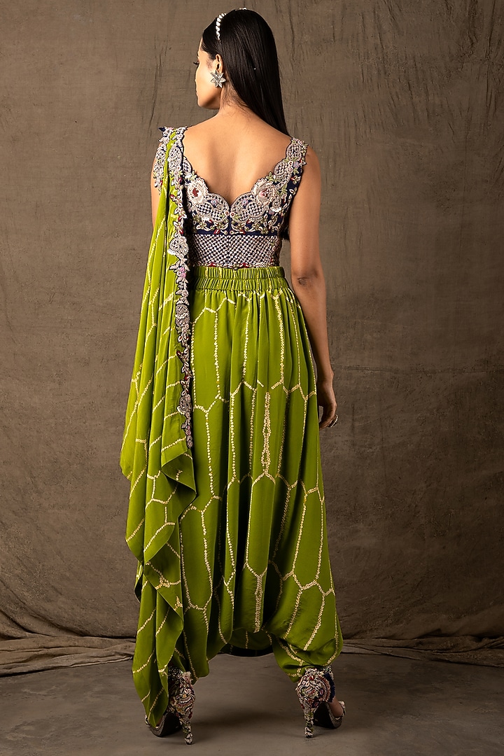 Pista Green Crepe Bandhani Printed & Zardosi Embroidered Pre-Draped Dhoti Reception Saree Set by Nupur Kanoi at Pernia's Pop Up Shop