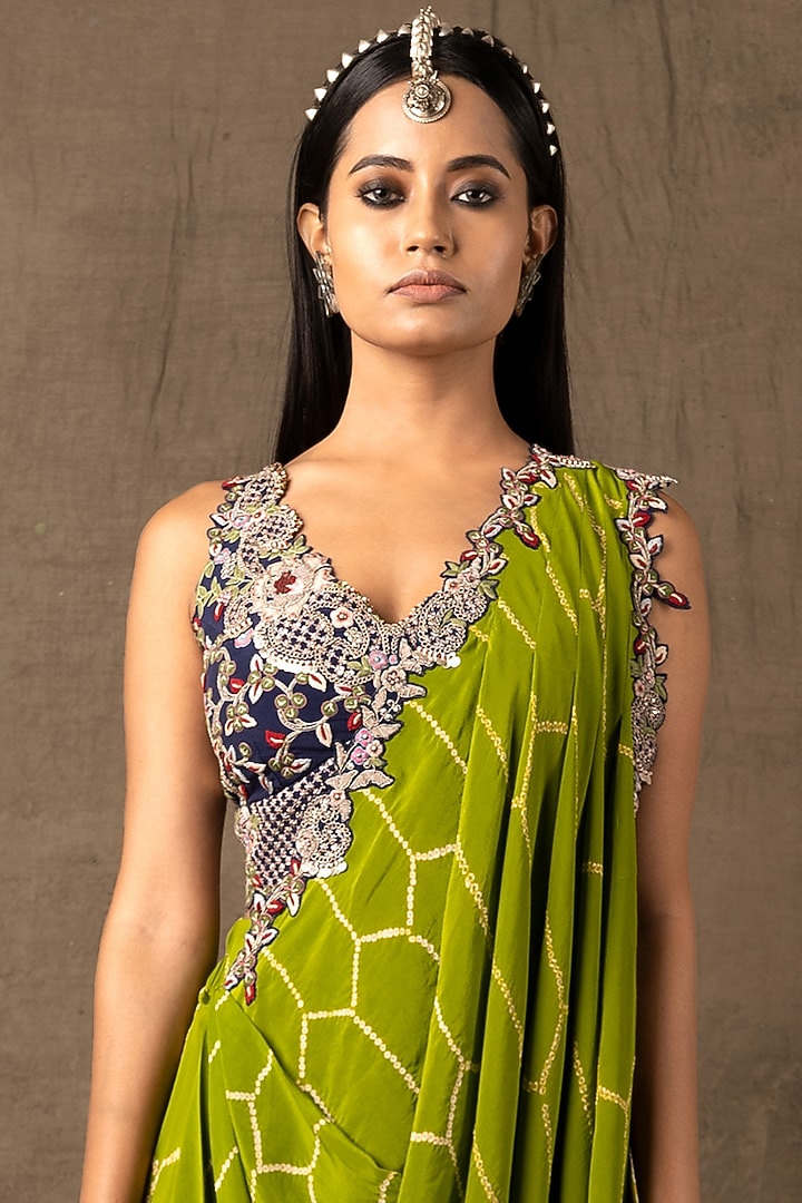 Pista Green Crepe Bandhani Printed & Zardosi Embroidered Pre-Draped Dhoti Reception Saree Set by Nupur Kanoi at Pernia's Pop Up Shop