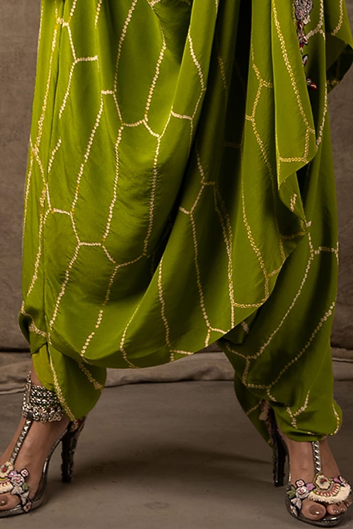 Pista Green Crepe Bandhani Printed & Zardosi Embroidered Pre-Draped Dhoti Reception Saree Set by Nupur Kanoi at Pernia's Pop Up Shop