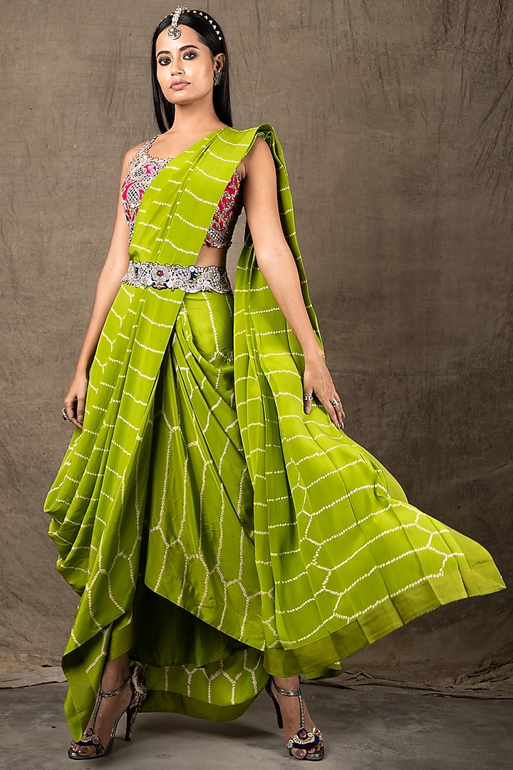 Pista Green Printed & Embroidered Pre-Draped Cowl Saree Set by Nupur Kanoi