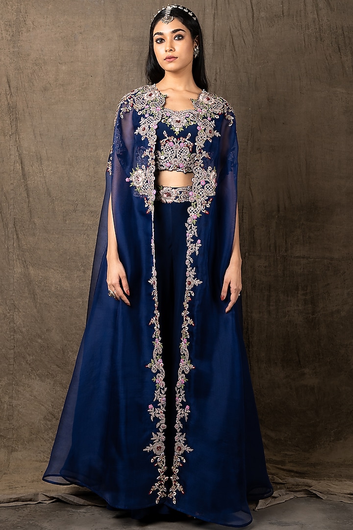 Catalina Blue Hand Embroidered Gathered Cape Set by Nupur Kanoi