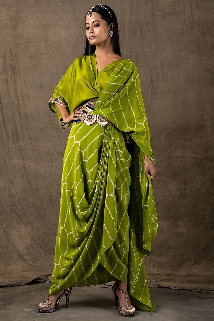 Pista Green Silk Bandhani Printed Pre-Draped Saree Set by Nupur Kanoi