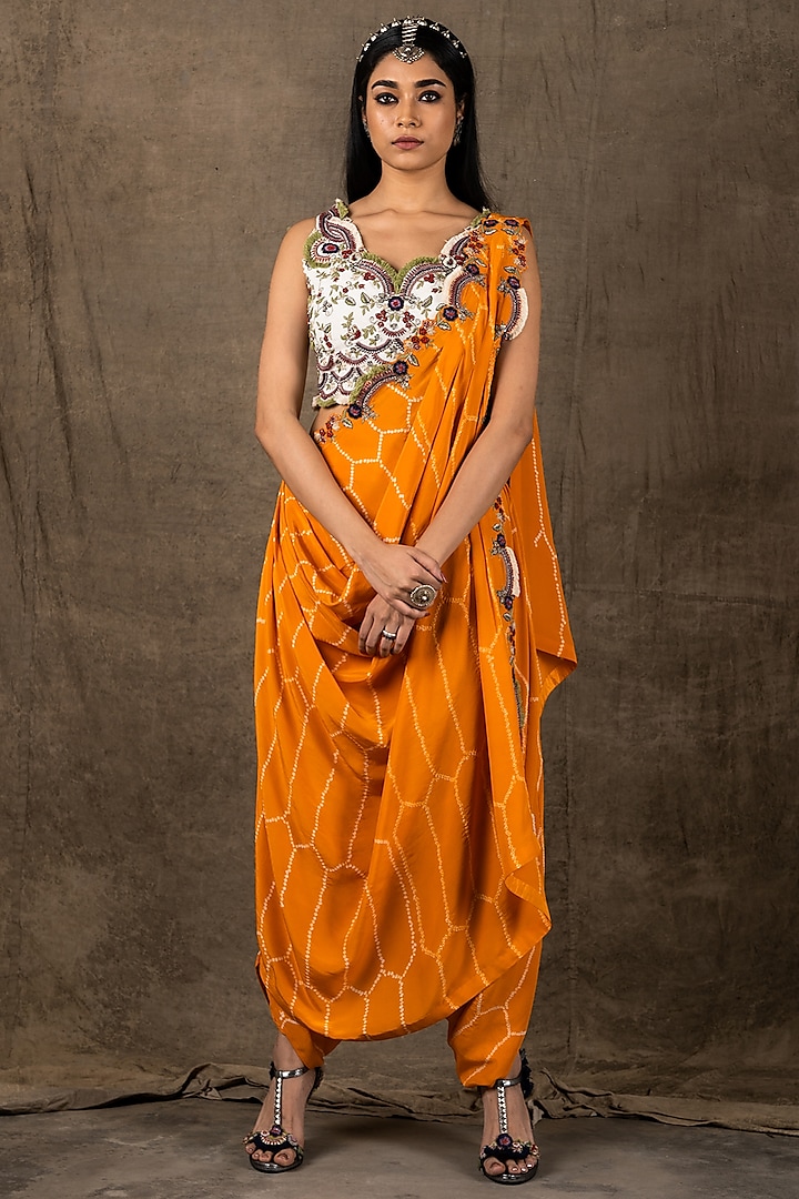 Mango Orange Crepe Bandhani Printed & Zardosi Embroidered Pre-Draped Dhoti Saree Set by Nupur Kanoi