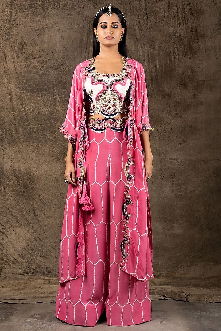 Old Rose Pink Printed & Embroidered Kaftan Jacket Set by Nupur Kanoi