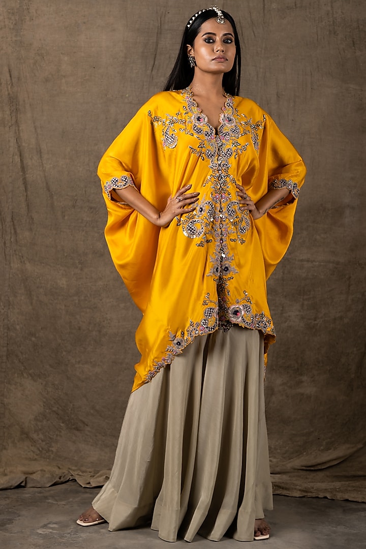 Mustard Hand Embroidered Tail Jacket Set by Nupur Kanoi