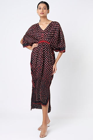 Black & Red Bandhani Printed Kaftan Dress by Nupur Kanoi
