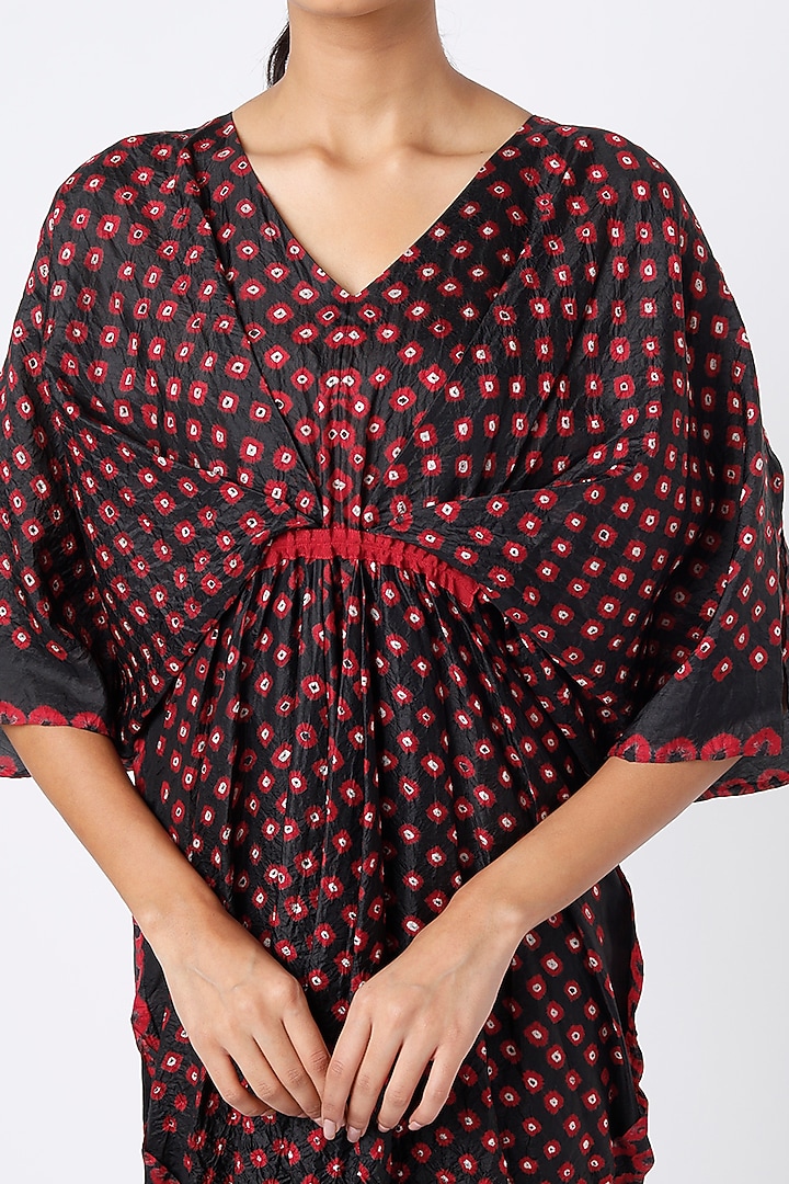 Black & Red Bandhani Printed Kaftan Vacation Dress by Nupur Kanoi at Pernia's Pop Up Shop