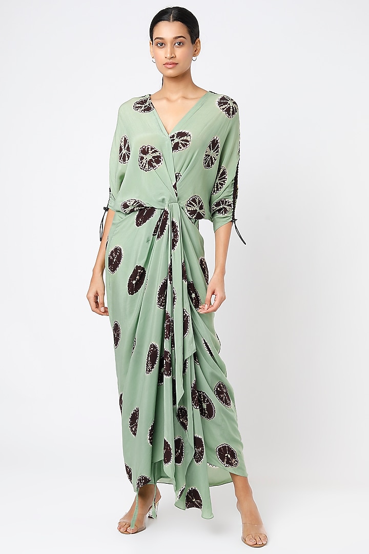 Sage Green & Brown Printed Wrapped Dress by Nupur Kanoi