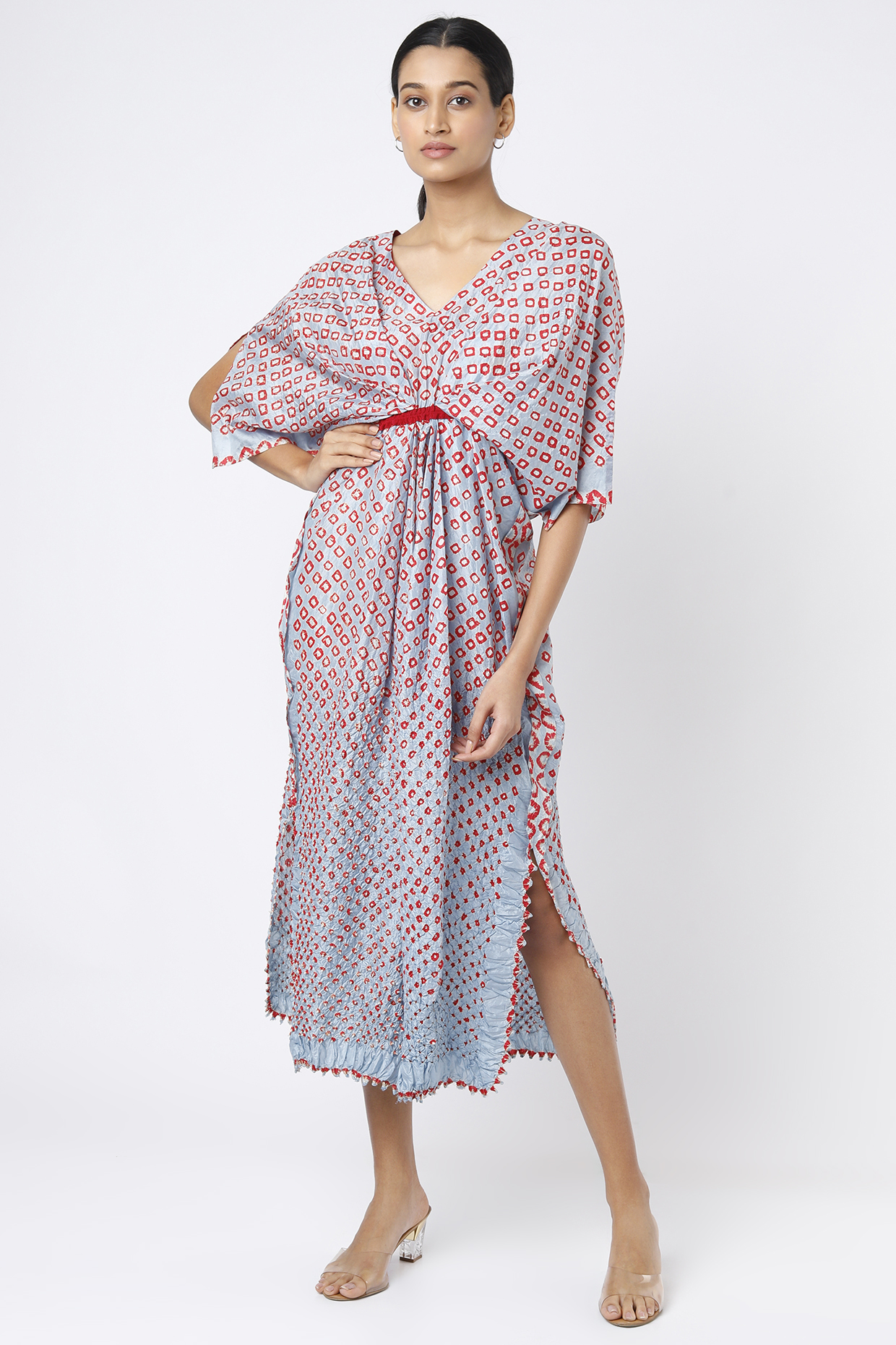 Light Blue & Red Bandhani Printed Kaftan Dress by Nupur Kanoi