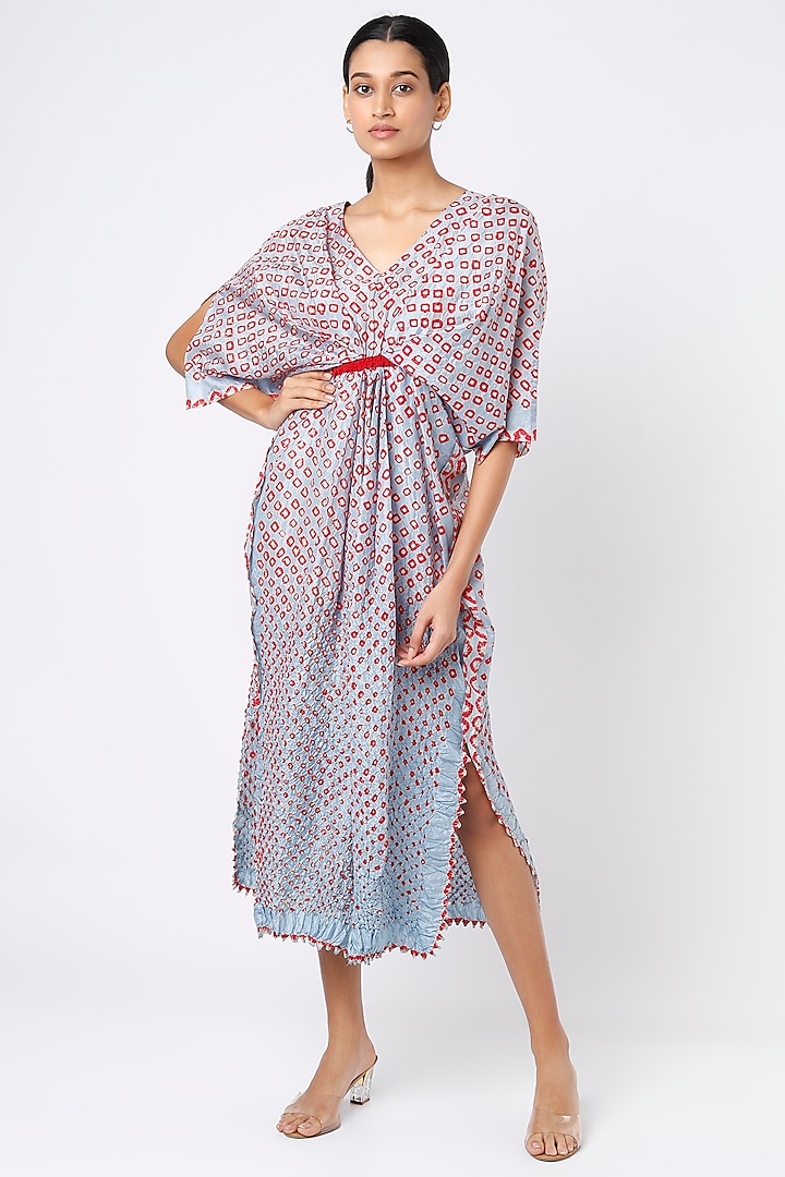 Light Blue & Red Bandhani Printed Kaftan Dress by Nupur Kanoi