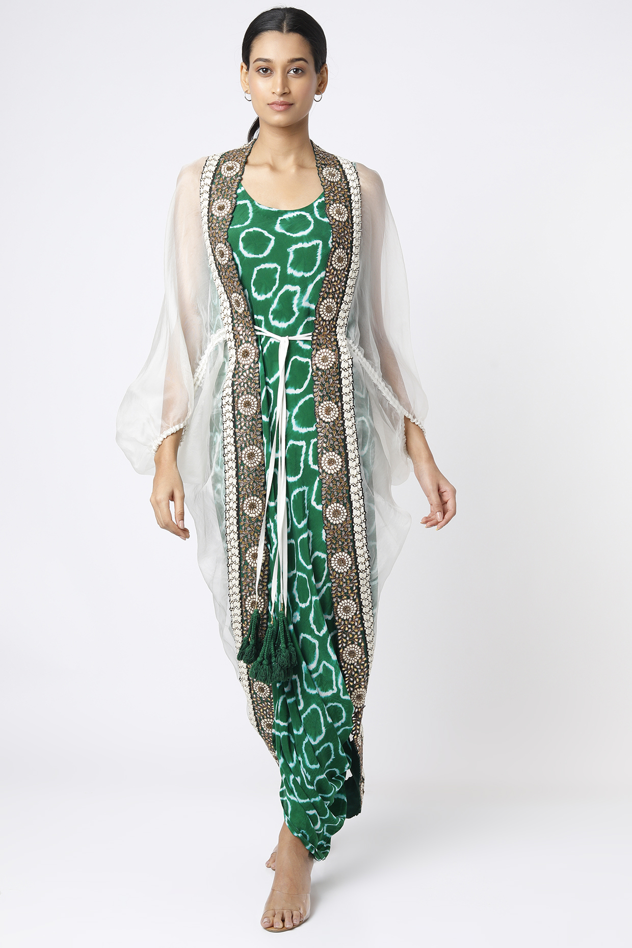 Green Crepe Polka Dot Printed Jacket Dress by Nupur Kanoi at Pernia's Pop Up Shop