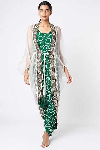 Green Crepe Polka Dot Printed Jacket Dress by Nupur Kanoi