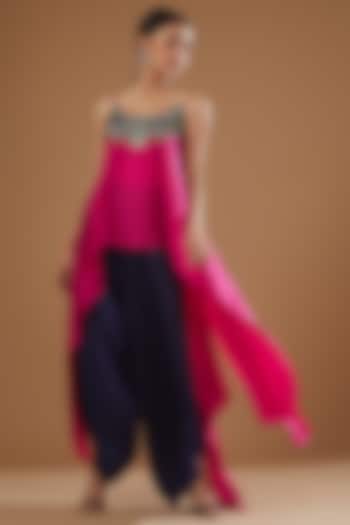 Navy Blue Satin Draped Pant Set by Nupur Kanoi at Pernia's Pop Up Shop