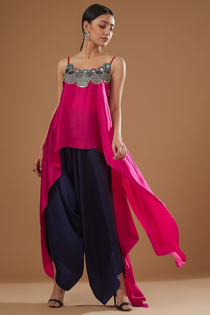 Navy Blue Satin Draped Pant Set by Nupur Kanoi at Pernia's Pop Up Shop