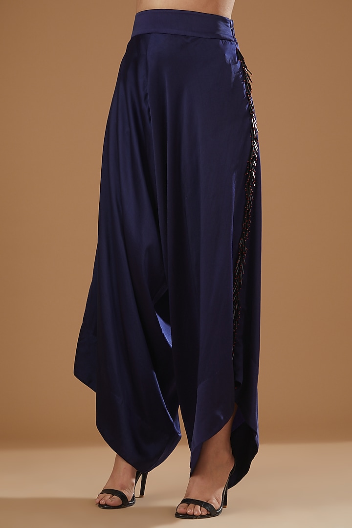 Navy Blue Satin Draped Pant Set by Nupur Kanoi at Pernia's Pop Up Shop