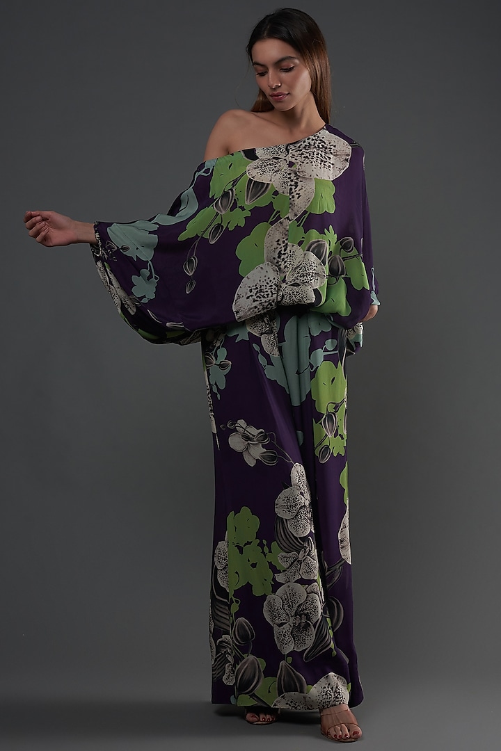 Purple Crepe Floral Printed Pant Set by Nupur Kanoi at Pernia's Pop Up Shop