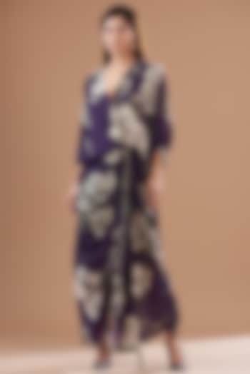 Purple Crepe Digitally Printed Wrap Dress by Nupur Kanoi