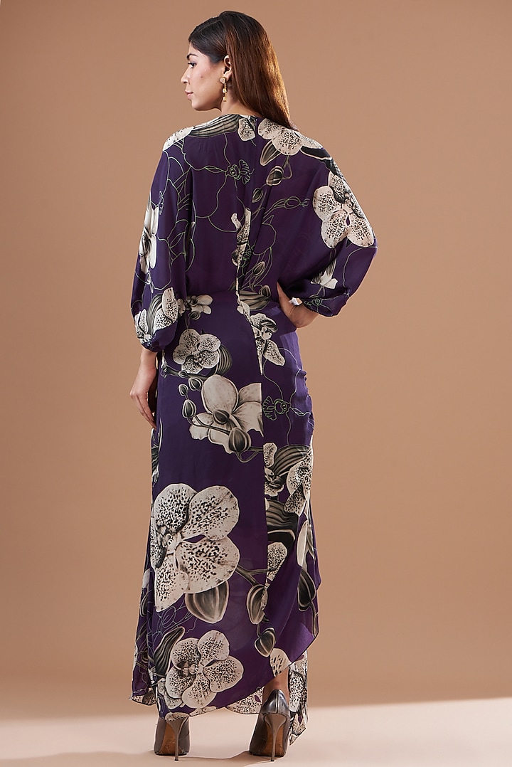 Purple Crepe Digitally Printed Wrap Cocktail Dress by Nupur Kanoi at Pernia's Pop Up Shop