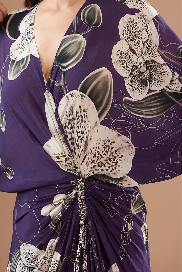 Purple Crepe Digitally Printed Wrap Cocktail Dress by Nupur Kanoi at Pernia's Pop Up Shop