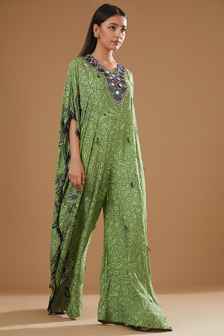 Jade Crepe Printed & Hand Embroidered Kaftan Jumpsuit by Nupur Kanoi at Pernia's Pop Up Shop