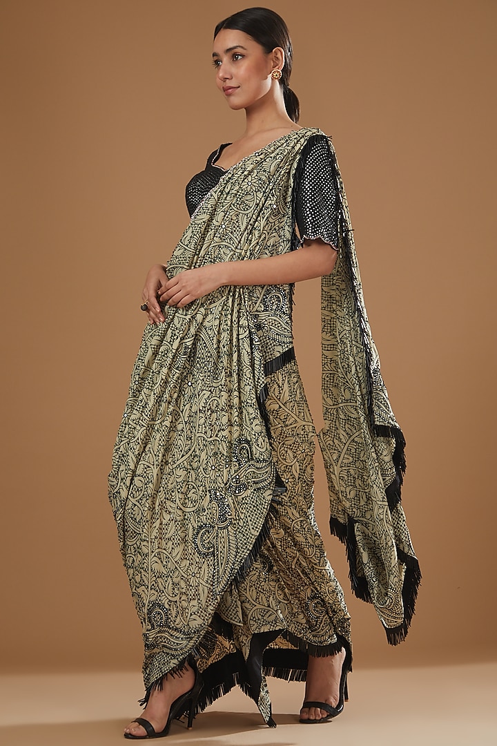 Beige Crepe Printed & Hand Embroidered Saree Set by Nupur Kanoi